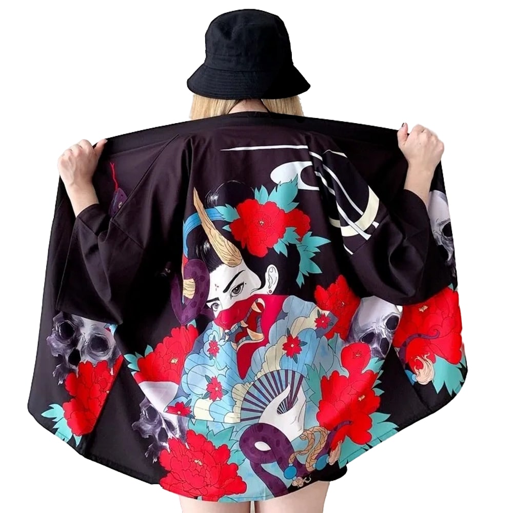 Kimono Noir Fleuri Femme Geisha