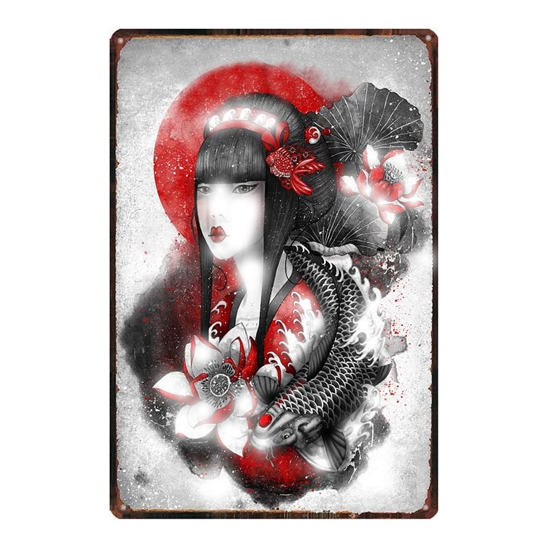 poster-metallique-geisha-carpe-koi